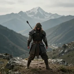 ork warrior struck by an arrow in the shoulder desolated mountains in the distance, by andrew baker