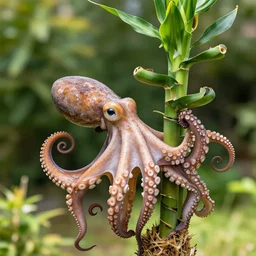 an octopus wring his hands around a lucky bamboo plant outdoors in the sun