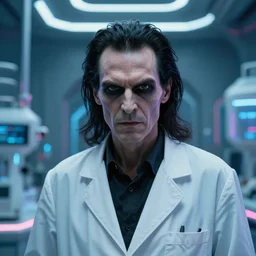 an ultra realistic colour cinematic headshot portrait of an evil scientist, stood inside a futuristic lab, neon, colour, detailed, deep focus, movie still, dramatic lighting, ray tracing, by werner herzog