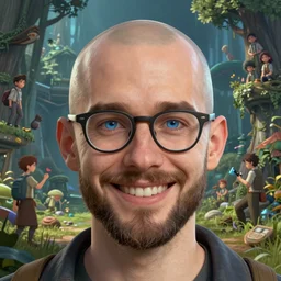 highly detailed portrait young man with blue eyes and bald head and beard and glasses, happy ambience, stephen bliss, unreal engine, fantasy art by greg rutkowski, loish, rhads, ferdinand knab, makoto shinkai and lois van baarle, ilya kuvshinov, rossdraws, tom bagshaw, global illumination, detailed and intricate environment
