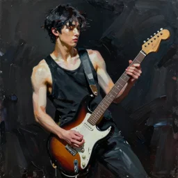 large diagonal brush strokes, abstract dark painting of a young korean male musician wearing black tank top holding a telecaster!!! electric guitar!!, thick flowing dramatic brush strokes, dark matte colors!!, abstract, impressionist, motion, trending on artstation