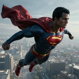 photorealistic black superman flying. super detailed. super muscled. super cape