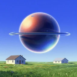 an orb flying over a house in a meadow with blue sky. slick, futuristic design. deep colorful soft gradients, and translucence. pre - 2 0 0 0 s era. vintage computer art, early computer graphics. art by stanislaw fernandes and eyvind earle