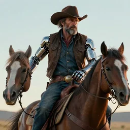 a beautiful portrait of a grizzled cowboy with futuristic cybernetic glowing enhancements, dynamic pose, mounted on a horse, sci - fi, cyberpunk, volumetric lighting, by ruan jia, jules bastien - lepage, 8 k