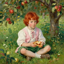 wide - shot, 1 0 years old boy with slightly wavy! red hair, wearing white and pink shirt with laces! and green!! shorts, 1 8 th century, holding a piece of apple pie, sitting in the wild garden with apple trees, digital art, oil painting, masterpiece, by greg rutkowski, by mucha, by kinkade