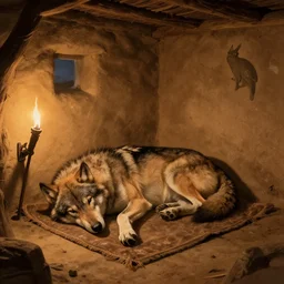 medieum shot of a warg dire wolf sleeping on a mat in a corner of a adobe house, torchlit, concept art by marc simonetti and christophe vacher, trending on artstation