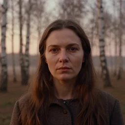 close up portrait of woman, solemn expression, faded color film, russian cinema, tarkovsky, kodachrome, heavy birch forest, long brown hair, old clothing, light fog, atmospheric haze, brown color palette, sunset, low light, dramatic lighting