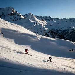 skiers skiing down from snowy mountains clear weather