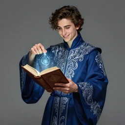 character concept portrait of happy Timothée Chalamet as a wizard enchanting a spell, a floating spell book in the center, intricate silver-embroidered indigo robes, elegant, digital painting, concept art, smooth, sharp focus, illustration, from Metal Gear, by Ruan Jia and Mandy Jurgens and William-Adolphe Bouguereau, Artgerm