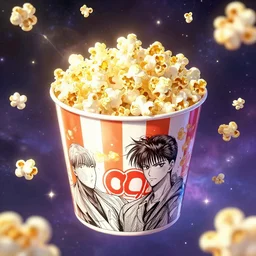 popcorn bucket in the cosmos with popcorn flying in weightlessness as unimaginably beautiful, gorgeous, elegant bucket, anime, manga, kim jung gi, irakli nadar, intricate linework, unreal engine 5, radiant light, detailed