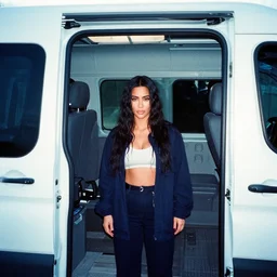 film still of kim kardashian inside a prison van, associated press, 2 6 mm, kodak ektachrome, blue tint expired film.