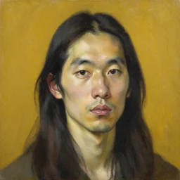 detailed oil painting, an asian man with long hair, beautiful face, mustard yellow background, medium portrait, lucian freud, jenny saville