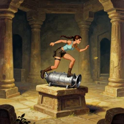 lara croft stealing a catalytic convertor, that is on a trapped pedastal, from inside a temple, temple run, painted by greg rutkowski