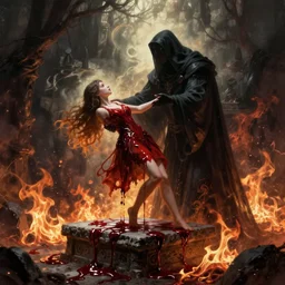 cultist sacrifice girl on altar stone, blood, shadows, flames, dnd fantsay art, arkham horror, evil fluid, by greg rutkowski