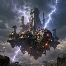 Huge flying castle, steampunk digital art, dramatic lightning, trending on artstation, epic composition
