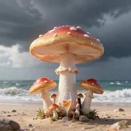 3 d render, a photo high quality, asian woman high on mushroom on the beach with storm in the sky beautiful, oasis champagne supernova