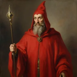 illustration of a wizard in a red robe, realistic painting, classical painting, high definition, digital art, matte painting, very detailed, realistic