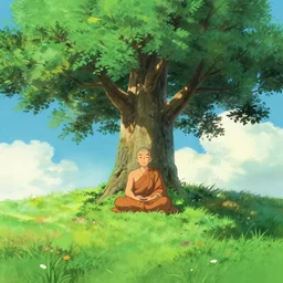 Meditating Buddhist monk sat  at the base of a large tree on top of a green hill artwork by studio Ghibli