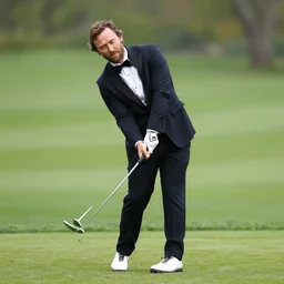 a photo of matthew mcconaughey in a tuxedo, playing golf.