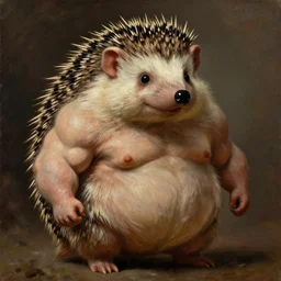 subject:  muscular barbarian smirking oversized hedgehog anthropomorphic medium shot portrait, style:  very detailed heavy textured rembrandt oil painting with dramatic light , very sharp detail