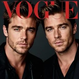 portrait of zac efron and john stamos as father and son, vogue magazine, dramatic light, photoshoot, face photo,
