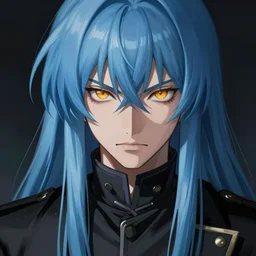 full face shot of rimuru tempest, sky blue straight hair, long bangs, with amber eyes, wearing a fancy black jacket, high collar, ultra detailed, brush strokes, digital painting, cinematic, wlop artstation, closeup, pixiv, intense, intimidating glare, photorealistic, overpowering, makoto shinkai, andy warhol,
