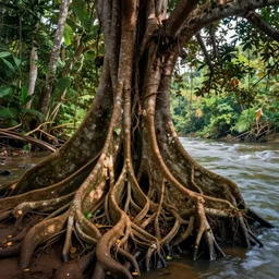 giant roots closeup of a beautiful tree near a river in the jungle, beautiful colors, matte painting, by christophe vacher