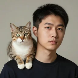 a portrait of a man with a cat sitting on his shoulder. hyperrealism 8 k photograph