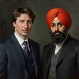 Justin Trudeau and Jagmeet Singh in the american gothic painting, concept art, sharp focus, highly detailed digital painting by Grant Wood, artstation