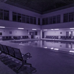 a scratched, textured, weathered, heavily damaged gum bichromate print of a blurry, faint wide shot, highly detailed photograph of the interior of a waiting room community college hospital YMCA swimming pool in the middle of the night, dark and very moody purple lighting, highly detailed precision, photo realistic, unreal engine, octane render 4k uhd, high resolution