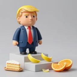 edible donald trump made step by step : 1. lemon skin for hair 2. cake and orange pieces for the face 3. blueberries and whipped cream for the suit, from the beautiful'food art collection ', dslr