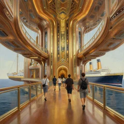 people walking in a hallway on the atlantis paradise, a retro futuristic spaceship made of brass bronze gold, art deco influence, hotel style design. suspended bridge walkways. bioshock, starship titanic. clean, well composed painting by artgerm and greg rutkowski