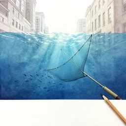 incredible wide screenshot, ultrawide, simple watercolor, rough paper texture, underwater 1 0 downing street backlit shot, trawl fishing net, fish shoal, pencil marks, shinjuku, koji morimoto, katsuya terada, masamune shirow, tatsuyuki tanaka hd, 4 k, remaster, dynamic camera angle, deep 3 point perspective, dynamic lighting