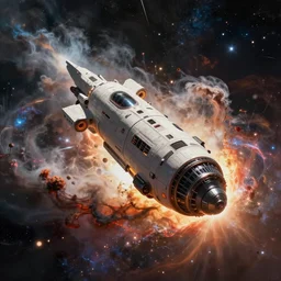 An epic fantastic realism comic book style painting of the most beautiful spacecraft launched into space, color smoke, nebula, particles, glorious galactic collision, fisheye, unreal 5, DAZ, hyperrealistic, octane render, dynamic lighting