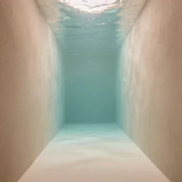Liminal space underwater, stucco walls, clean floors, maximalist, cosy