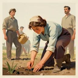 farmer woman planting a seed in the ground, limited neutral palette, by petros afshar, anton fadeev, dean ellis, beautiful graphic full body portrait, propaganda poster art 1 9 7 0 s illustrated advertising art, painterly character design