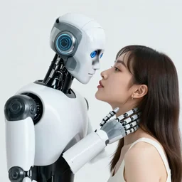 photo of humanoid robot kissing a beautiful girl colour