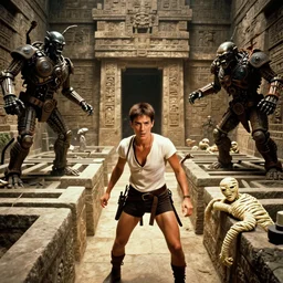 color cinematic still from a 1 9 8 1 action - adventure blockbuster directed by george lucas. indiana jones and lara croft are exploring ancient epic labyrinthine mayan temples and being attacked and terrorized by steampunk mechanical stone golems and demonic mummies. deadly traps and evil magic curses.