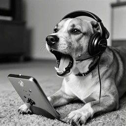 a prize - winning highly detailed vintage black - and - white grainy damaged photograph of a dog playing xbox with an intense expression as it barks into a headset