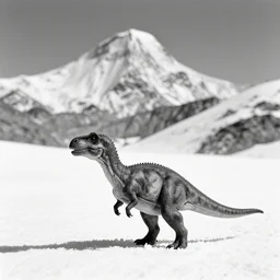 small dinosaur, vallye, snowy peaks, by ansel adams, black and white, old, master photography