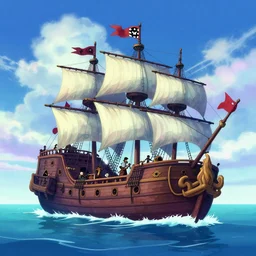 a large pirate ship floating on top of a body of water, pirates flag, cgsociety, fantasy art, 2 d game art, concept art, heavenly lighting, retrowave, retrowave!! retrowave!!!, behance hd, concept art by jesper ejsing, by rhads, makoto shinkai cyril rolando, madgwick, cory loftis, sylvain sarrailh