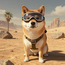 a shiba inu wearing goggles in the wasteland, fallout new vegas pc screenshot