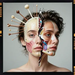 kodak portra, 8 k, shintaro kago, portrait of woman with head splitting open showing exploded view of anatomy