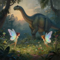 a whimsical painting of fairies with iridescent wings in a jurassic garden with brontosaurus. dark atmosphere. soft light. just before dawn. fantasy art. trending on artstation
