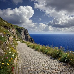 curled perspective digital art of curly clouds cobblestone street with wildflowers to a cliff down to deep blue sea by anton fadeev from nightmare before christmas