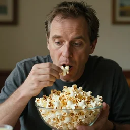 steve carrell eating a bowl of popcorn, front facing, realistic, hyperrealistic, ultra realistic, real, real world, highly detailed, very detailed, extremely detailed, intricate details, 8 k resolution, hd quality