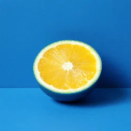 A blue orange sliced in half laying on a blue floor in front of a blue wall