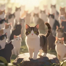 cat standing on a rock in front of a crowd of cats, backlighting, digital art, trending on pixiv, fanart