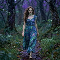 woman walking to me, deep forest, rain, portrait, purple, green, blue, style of Van Gogh