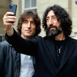Jerry Garcia taking a selfie with John Lennon outdoors